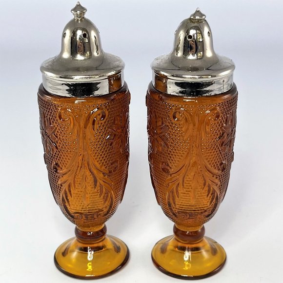 Tiara Dining Vintage Tiara Indiana Glass Amber Footed Salt Pepper Shakers Flowers 97s Poshmark
